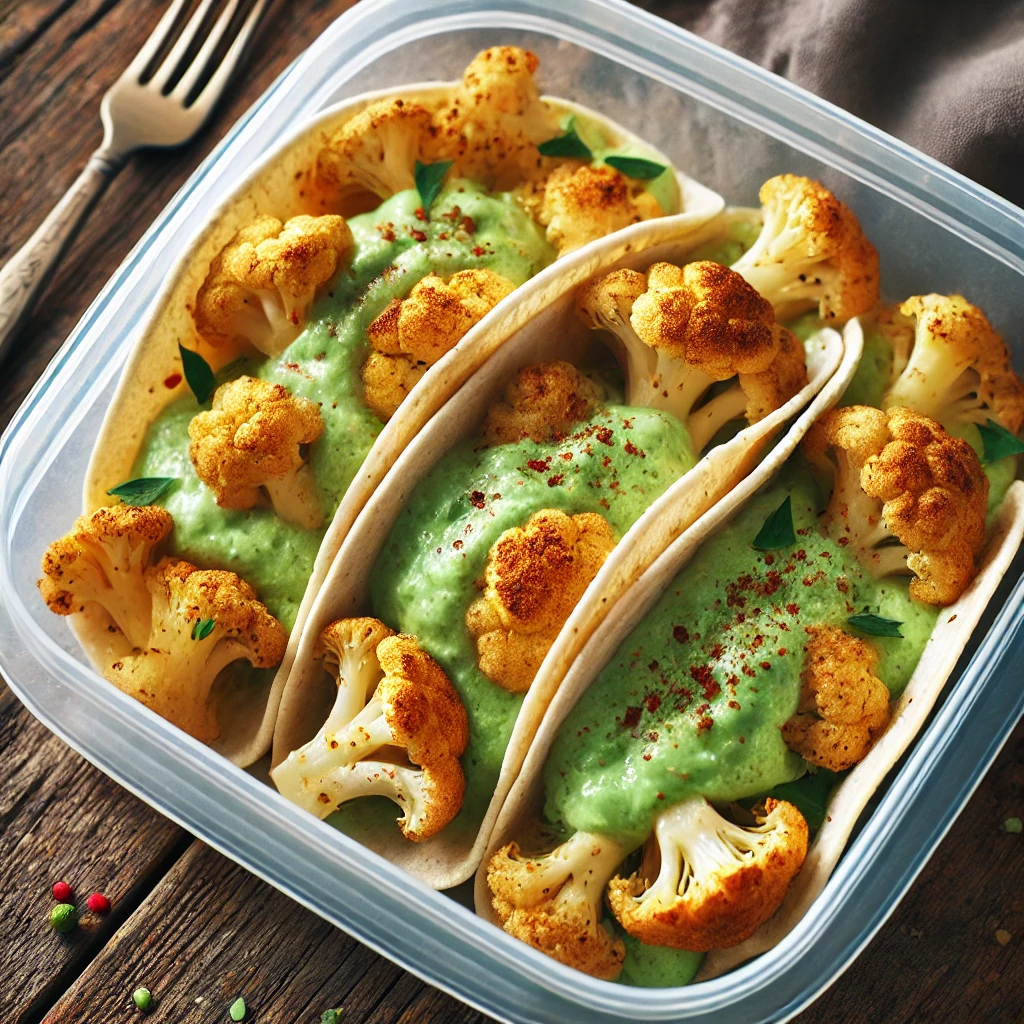 Tupper Casero Tacos de Coliflor Asada con Salsa de Aguacate